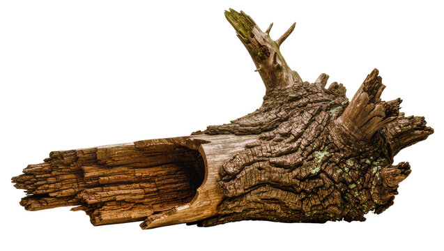 Gnarly weathered driftwood log with hollow interior, isolated on transparent background