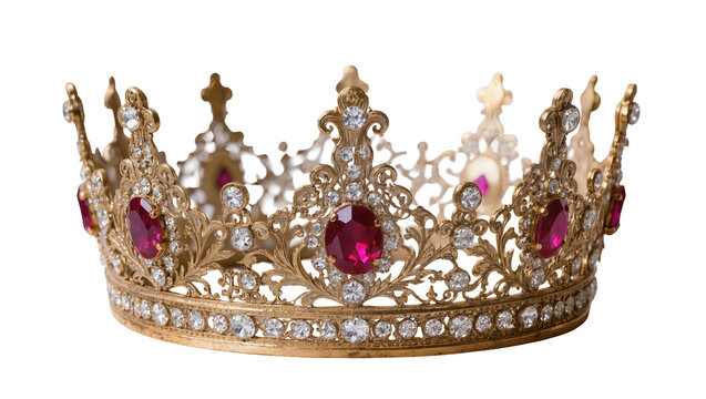 Ornate golden crown with rubies and diamonds, isolated on transparent background