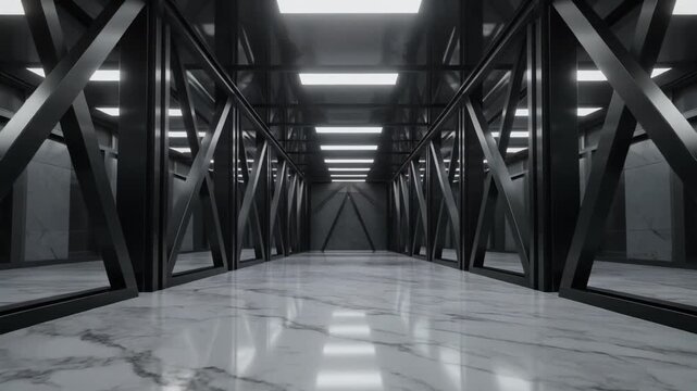 Futuristic metallic tunnel with patterned marble floor and illuminated ceiling, offering a geometric and architectural perspective