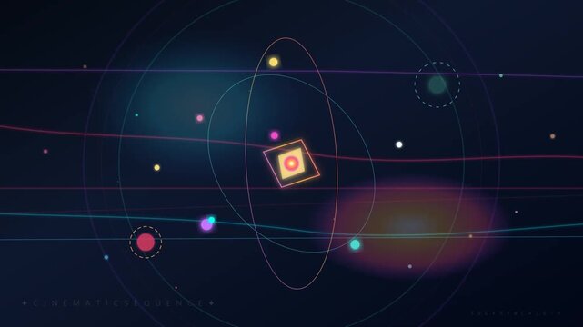 Abstract space background with glowing neon circles and lines representing a digital solar system