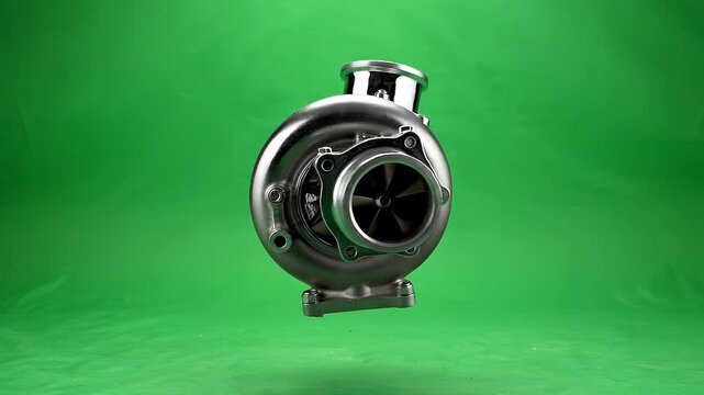Turbocharger spinning in slow motion for automotive engine performance upgrade isolated on a green screen background