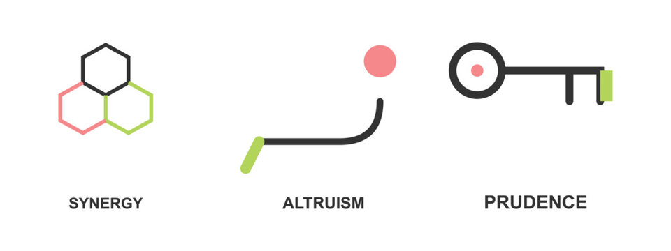 Synergy, altruism, and prudence, three colorful icons showing various abstract concepts.