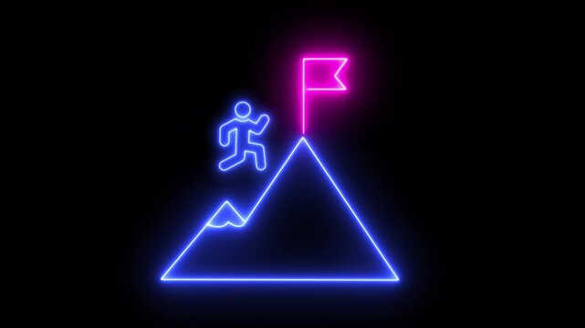 Glowing neon line of man conquering mountain peak icon. Business concept of victory, success, goal achiever, win, best worker, top employee and leadership isolated on transparent background, 4k