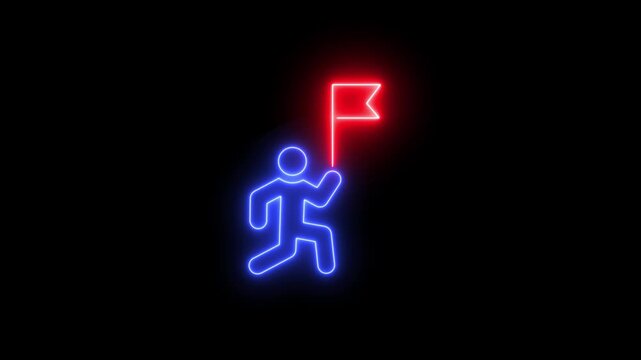 Man holding flag icon isolated on black background. Victory, winning and conquer adversity concept. 4K Video motion graphic animation. goal achiever, win, best worker, top employee and leadership.