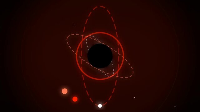 Abstract black hole with red glowing rings and orbiting planets in dark space
