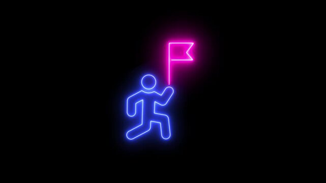 Man holding flag icon isolated on black background. Victory, winning and conquer adversity concept. 4K Video motion graphic animation. goal achiever, win, best worker, top employee and leadership.