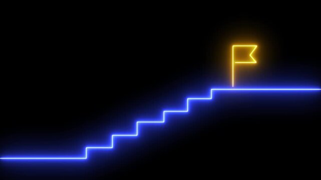 Glowing neon stairs sign with flag icon animation. Neon glowing Person Climbing Stairs Towards Success flag, Glowing neon light target icon animation. Military training, Crosshair, gun aim, sniper
