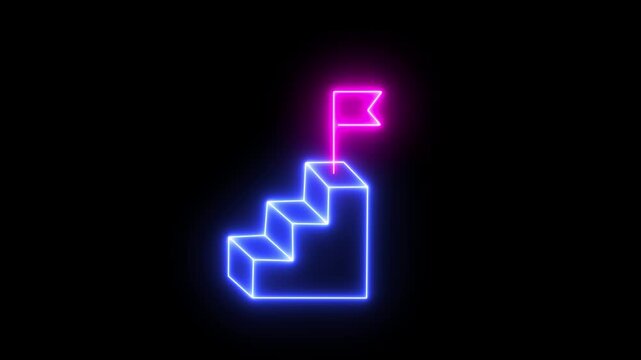 Business concept of victory, success, goal achiever, win, best worker, top employee and leadership. Neon Goal Achievement, 4k videos. Glowing neon line of man going up stairs to the flag icon