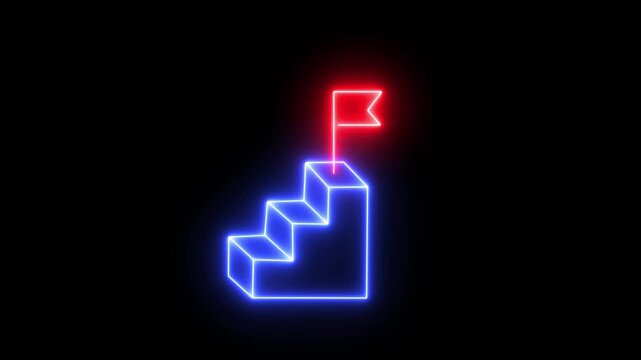 Business concept of victory, success, goal achiever, win, best worker, top employee and leadership. Neon Goal Achievement, 4k videos. Glowing neon line of man going up stairs to the flag icon