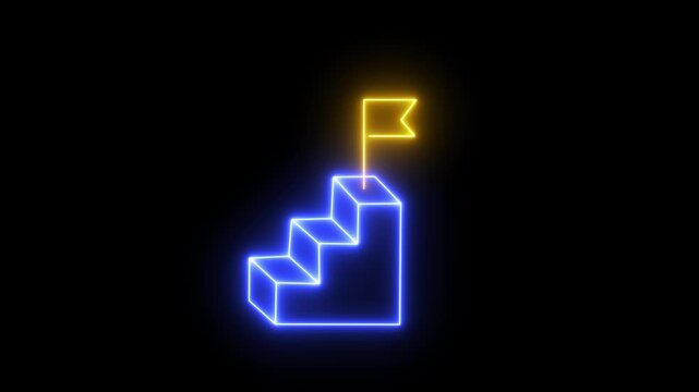 Business concept of victory, success, goal achiever, win, best worker, top employee and leadership. Neon Goal Achievement, 4k videos. Glowing neon line of man going up stairs to the flag icon