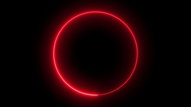 Neon red circular light flickering animation for video overlays. glowing red neon ring flicker effect for futuristic visuals. flickering neon red circle animation on dark background. 4k videos