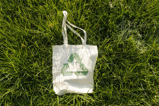 Reusable tote bag with recycle symbol on green grass,sustainability, recycling awareness