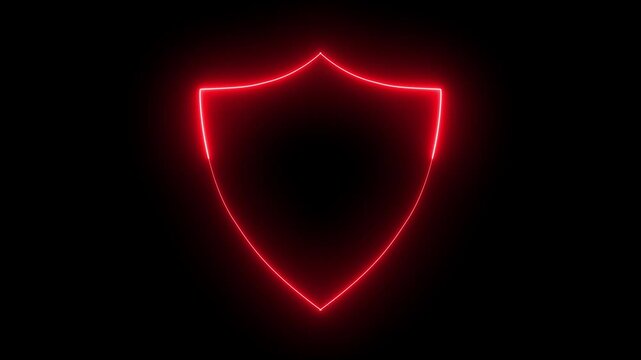 Bright neon security neon frame with tones on isolated black background. Alpha channel Premultiplied 4K animation video. Shield neon icon 