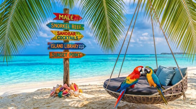 Two vibrant macaws perch on a luxury hanging daybed swing next to a colorful wooden directional signpost on a white sand beach overlooking a turquoise ocean paradise.
