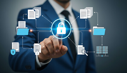 Obraz premium Businessman touching cyber security icon for data protection and privacy control