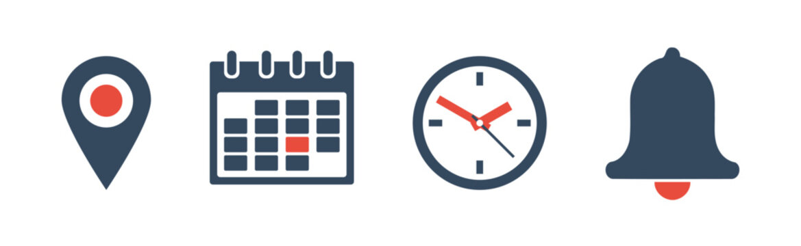 map location pointer sign, calendar reminder date icon, clock time symbol, bell notification pictogram