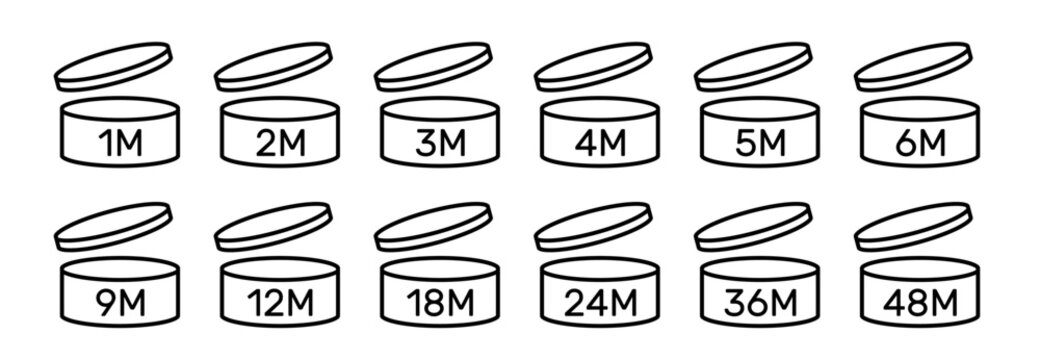 period after open icons set, pao symbols collection, cosmetic package expiration period in months signs, 1m, 2m, 3m, 4m, 5m, 6m, 9m, 12m, 18m, 24m, 36m, 48m