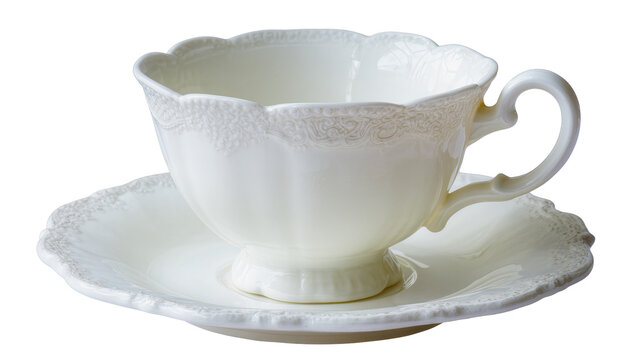 Elegant white porcelain teacup with ornate rim and handle resting on saucer, isolated on transparent background