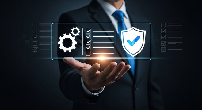 Businessman holding virtual standard operating procedure checklist for compliance and security