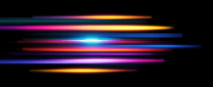 Dynamic blurred motion effect with vivid neon light streaks on transparent background