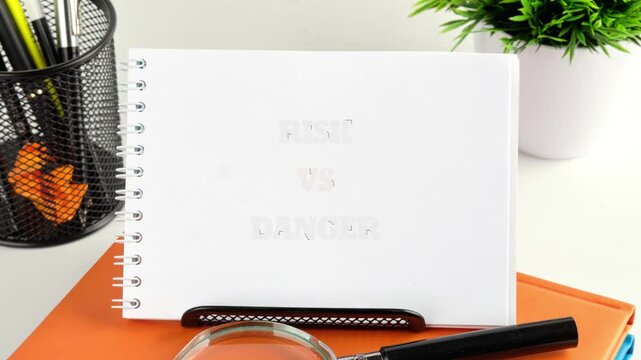 The distinctions between risk VS danger are revealed on a white spiral notebook placed on an orange folder on a bright office desk. A pen holder and plant are nearby