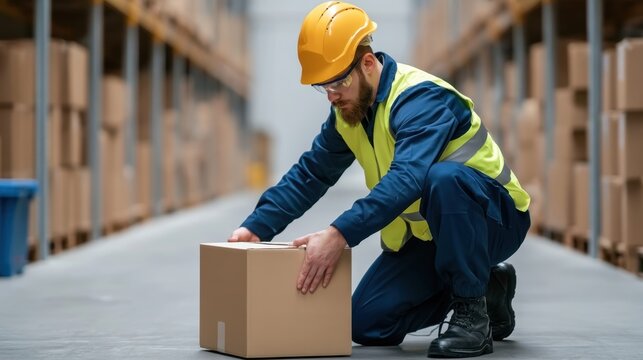 Man with safety helmet and vest handling cardboard box in large warehouse aisle with industrial shelving and storage racks in busy logistics environment