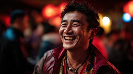 Fototapeta premium A vendor laughing at a bustling night market