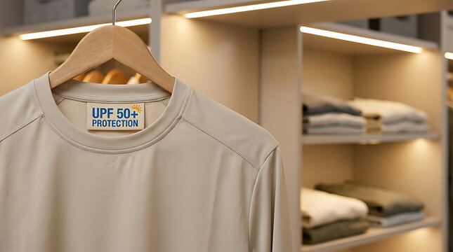 Lightweight beige sun protective t-shirt with UPF 50+ label hanging in a closet