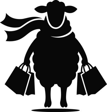 Shopping Sheep Silhouette: A stylized black silhouette of a sheep, wearing a scarf and carrying two shopping bags, stands against a clean background, symbolizing consumerism and retail.