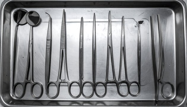 Neatly Aligned Healthcare Surgery Instruments On Steel Container