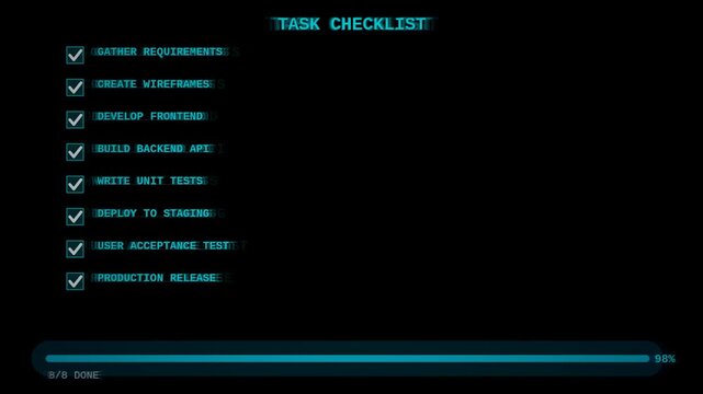 Checklist task completion HUD animated seamless loop alpha overlay with glowing progress ticks and cyan neon workflow