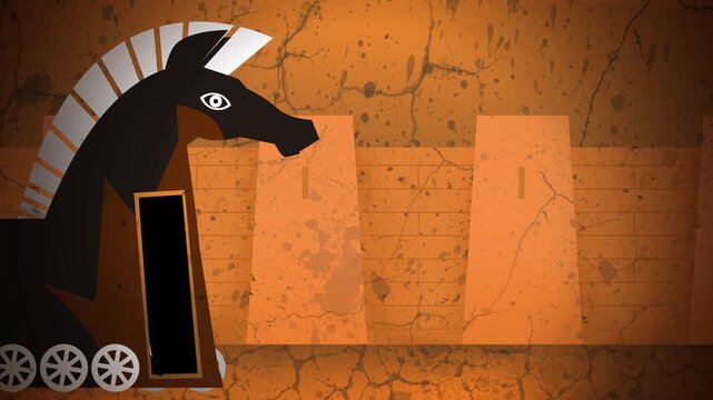 trojan horse entering city walls with greek soldiers emerging in orange amphora vase style