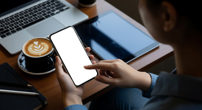 Close-up high angle shot of woman tapping blank white screen smartphone at a wooden desk with laptop, coffee and tablet, ideal for app promotion, remote work content and mobile technology marketing.