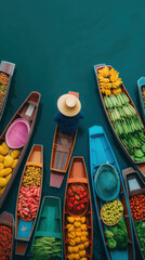 Fototapeta premium Floating market wooden boat tropical fruit banana water vendor Floating market vendor wooden boat calm water with tropical fruit, banana
