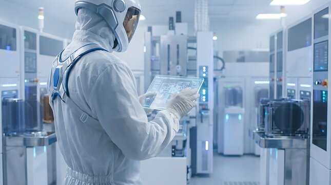 Technician in cleanroom suit uses transparent tablet in semiconductor factory