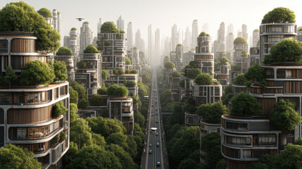 Obraz premium Sustainable eco city vertical garden futuristic skyline green architecture high rise flying vehicle modern metropolis aerial drone view