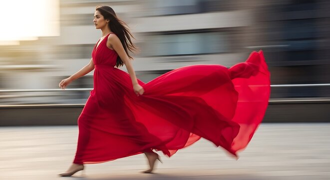 Elegant woman in a flowing red dress walking fast outdoors at sunset