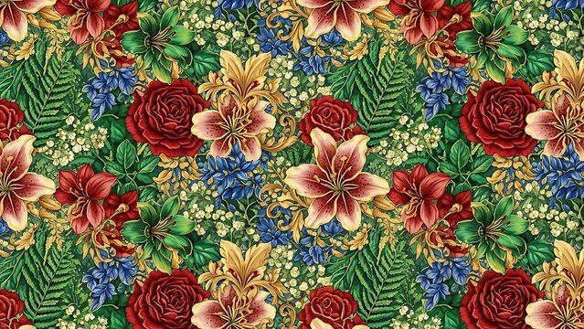 Floral pattern featuring roses lilies ferns and foliage design illustration