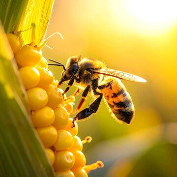 Close up of a bee on a corn cob bathed in warm sunlight