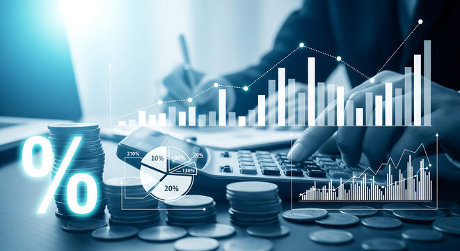 Business professional using a calculator with stacked coins and glowing digital financial graphs, suitable for financial planning, investment analysis and corporate accounting reporting.