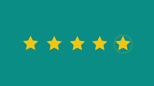 Five star rating icon animated video, animation video isolated on alpha channel background. Animated of 5 stars rating. Motion graphics of review concept-4k black background icon animation