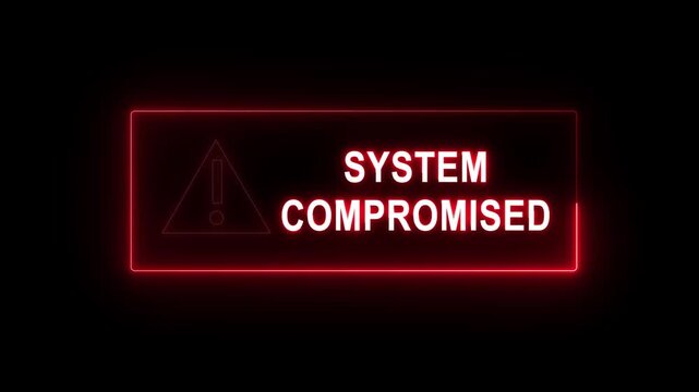 A cybersecurity alert screen showing System compromised warning with red interface, breach detected icon, and urgent visual UI.or business risk warning -4k black background icon animation