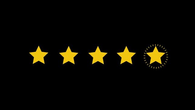 Five star rating icon animated video, animation video isolated on alpha channel background. Animated of 5 stars rating. Motion graphics of review concept-4k black background icon animation