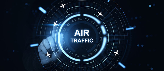 Obraz premium Digital air traffic control interface with planes and futuristic cockpit-style HUD over dark background for aviation technology concept.