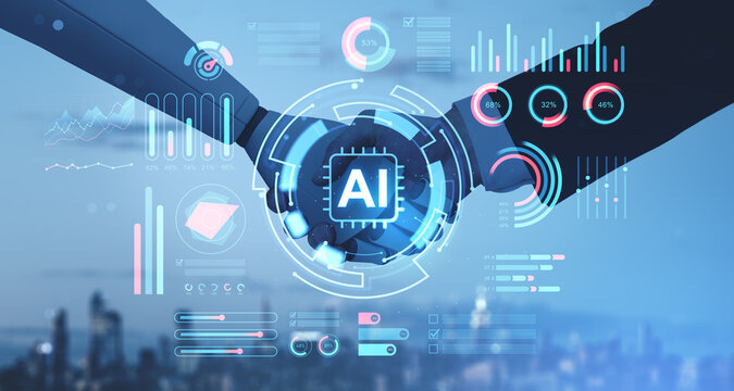 Robotic and human handshake with digital AI interface over city skyline.