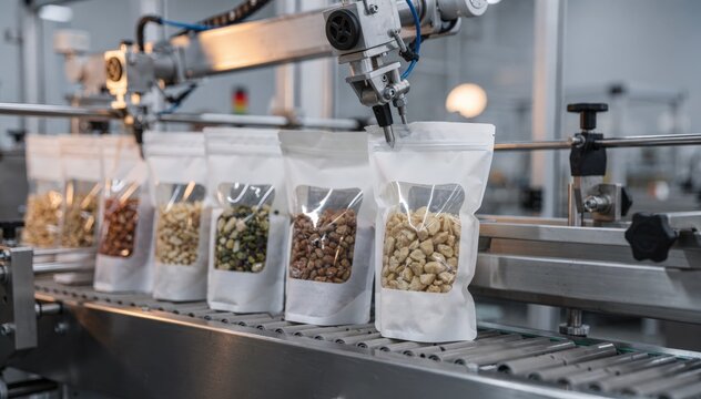 Medium shot of automated machinery shaping flatbottom paper pouches with transparent windows highlighting clear product visibility and quality control in packaging.