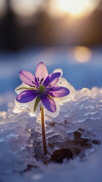 Purple hepatica flower growing through melting ice and snow in spring