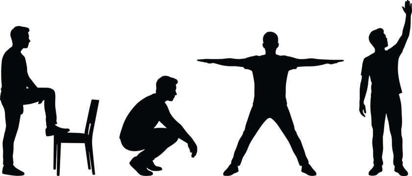 Black silhouette set of man in various poses sitting squatting stretching and standing with raised arm