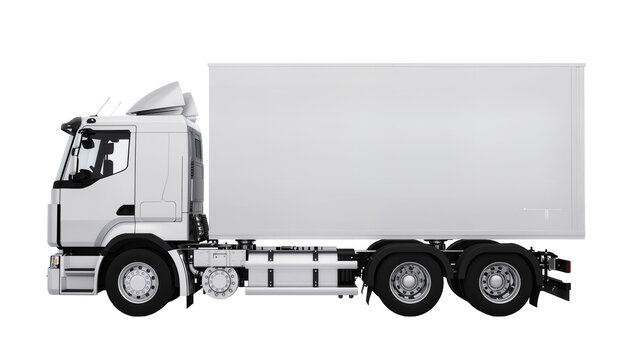 White semi-trailer truck with large cargo box, isolated on transparent background