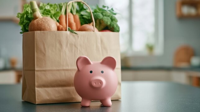 Pink piggy bank standing on kitchen counter next to paper bag filled with fresh organic vegetable produce in a bright modern home interior setting
